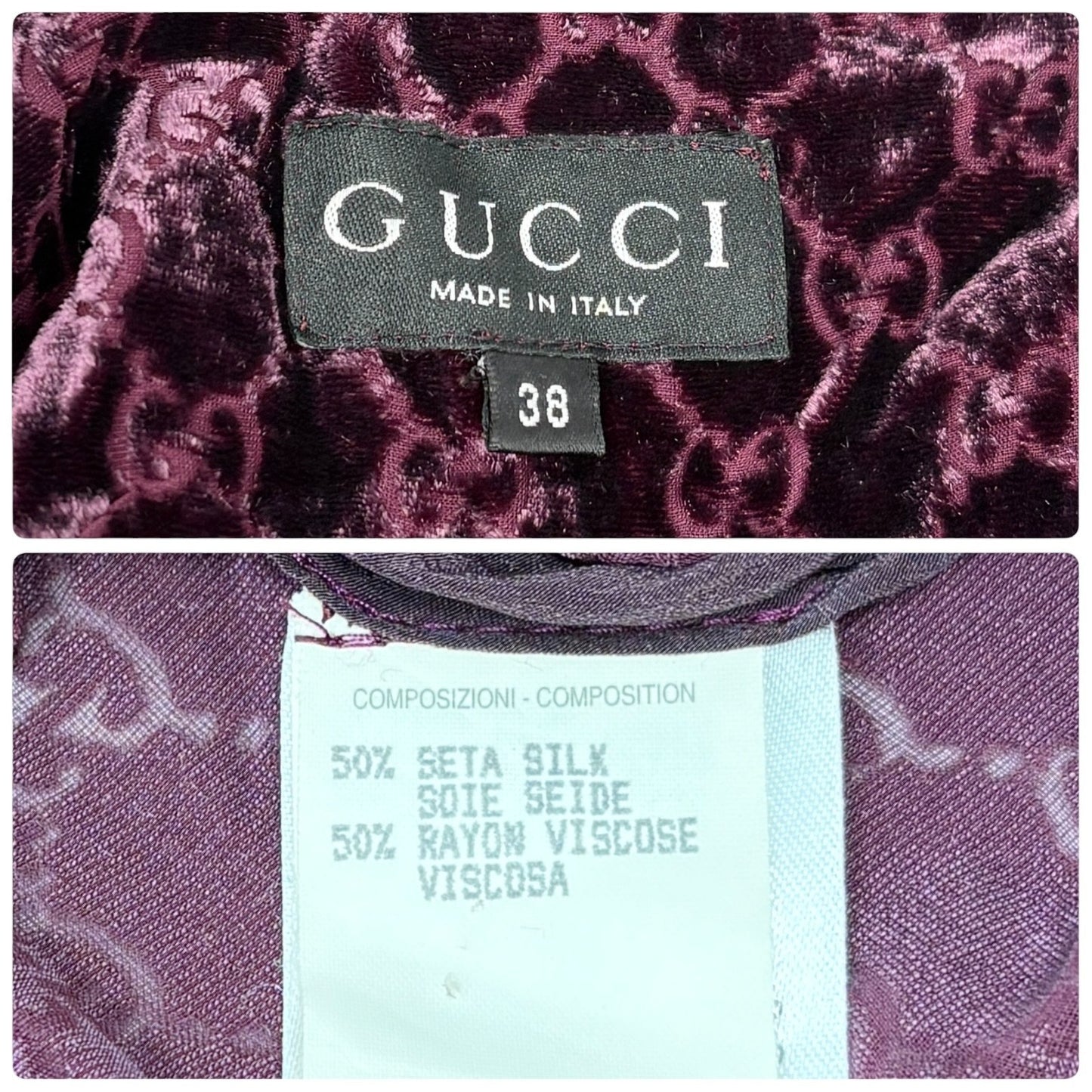 GUCCI Vintage GG Monogram Logo Velour Button Up Shirt Top Purple Silk