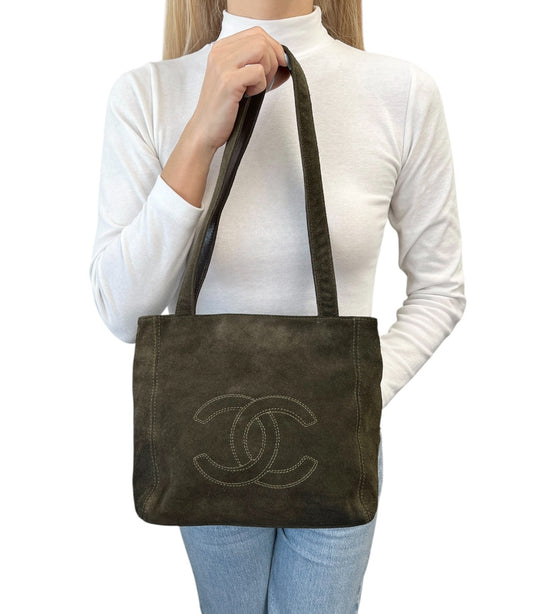 CHANEL Vintage Big CC Logo Embroidered Suede Shoulder Tote Bag Khaki