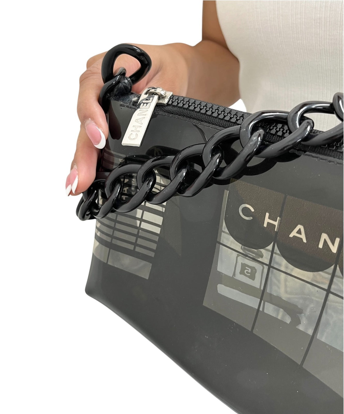 CHANEL Vintage CC Windows Chain Shoulder Bag Pochette Black Clear Vinyl 902370