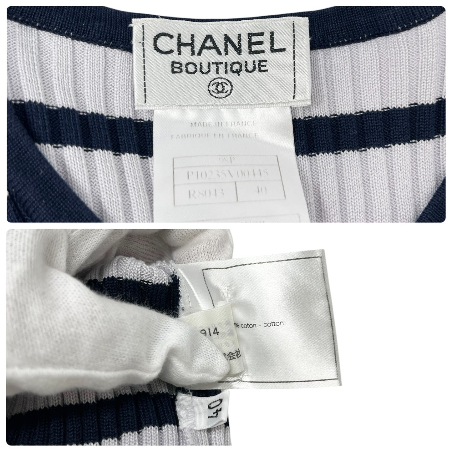 CHANEL Vintage 98P CC Logo Stripe Rib Knit T-shirt Top #40 Blue Cotton 902587