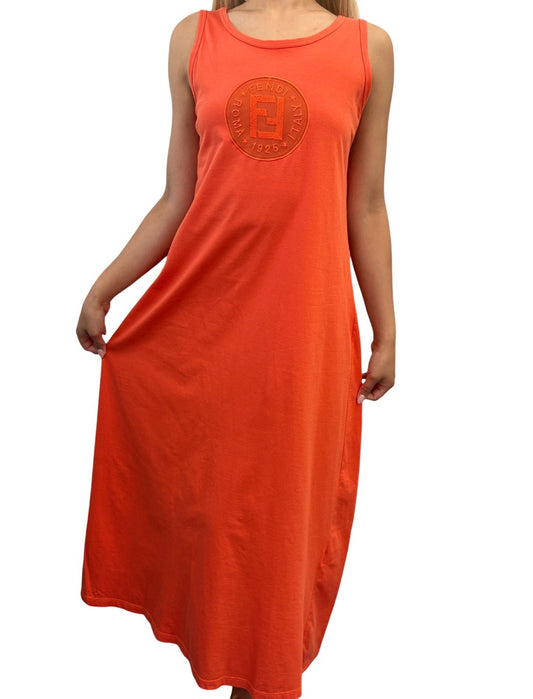 FENDI Vintage FF Logo Embroidered Sleeveless Tank Maxi Dress #38 Orange Cotton