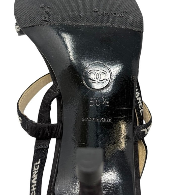 CHANEL Vintage 96C Logo Satin Ribbon Sandals Heels #36.5 Black White 902561