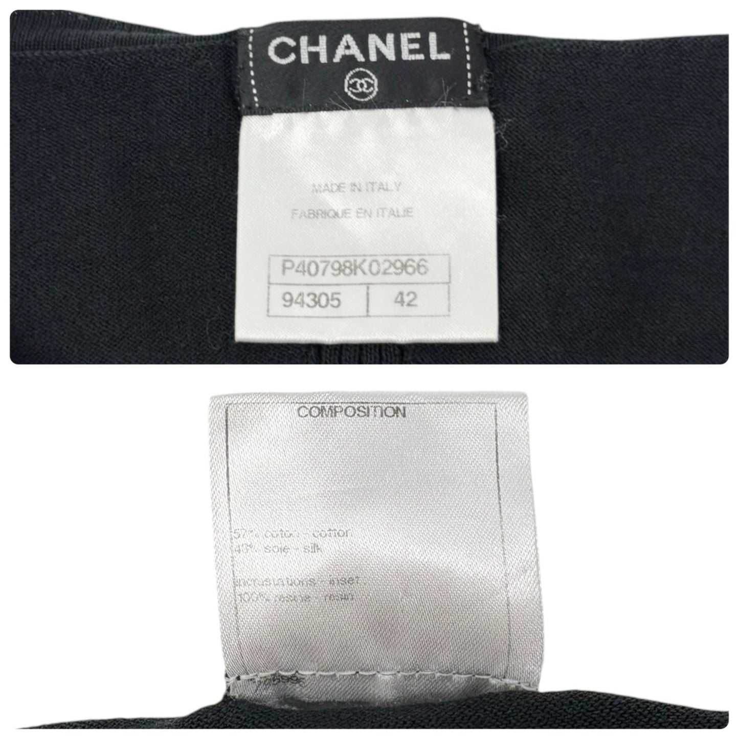 CHANEL Vintage P40798 CC Logo Camelia Knit T-shirt Top #42 Black White 901832