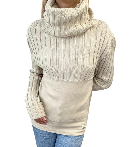 CHANEL Vintage 01A CC Logo Rib Knit Turtleneck Sweater Top #42 Beige 902074