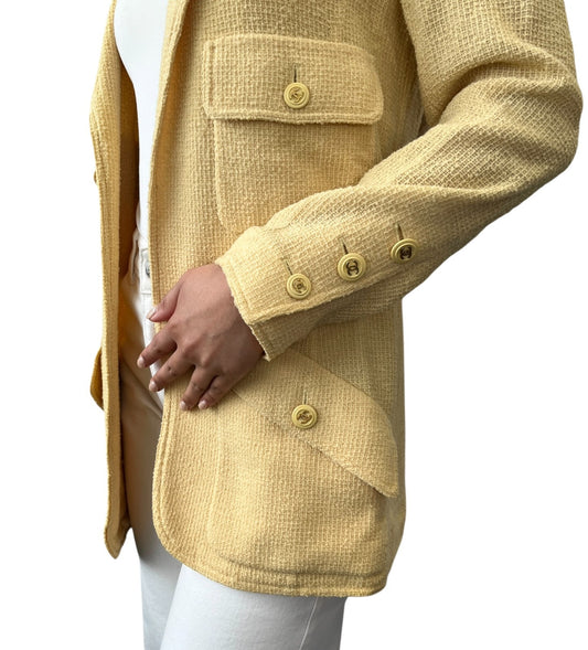 CHANEL Vintage 1994 CC Logo Tweed Collared Jacket #34 Yellow Gold Button Wool