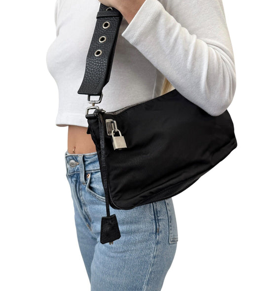 PRADA Vintage Logo Shoulder Bag Zip Padlock Black Silver Nylon Leather