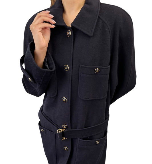 CHANEL Vintage 95A CC Button Cashmere Coat Jacket #40 Belt Dark Blue Gold