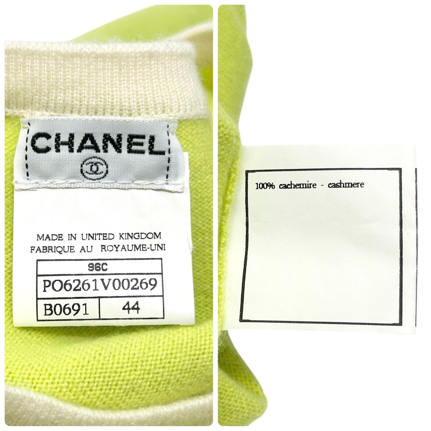 CHANEL Vintage 96C Coco Mark Logo Knit Top #44 Green Gold Cashmere Button