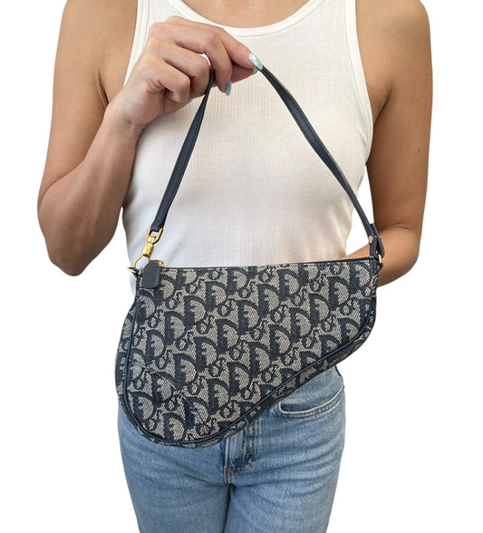 Christian Dior Vintage 2001 Trotter Monogram Saddle Bag Dark Blue Canvas