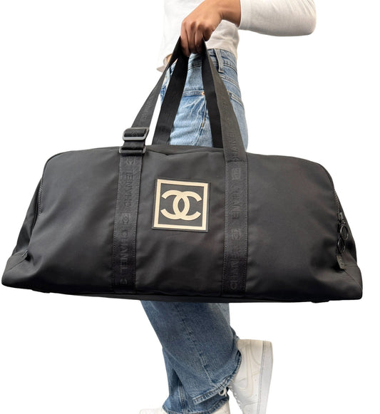 CHANEL Sport Vintage A19977 Nylon Travel Gym Bag L Black CC Logo Bowling