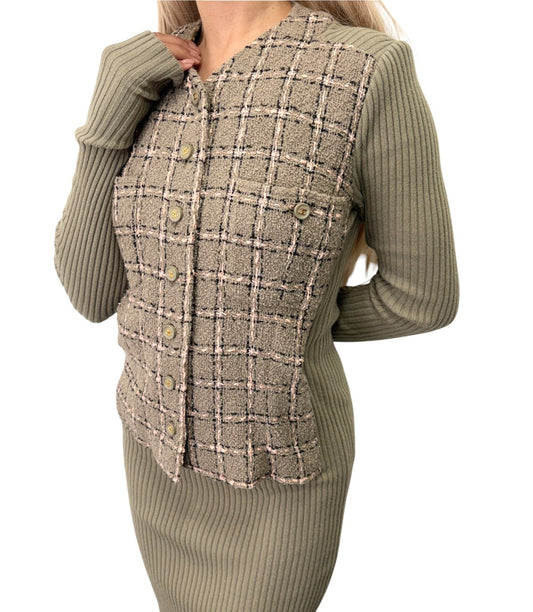 CHANEL Vintage 95A CC Logo Button Tweed Rib Knit Long Dress #38 Khaki 902958