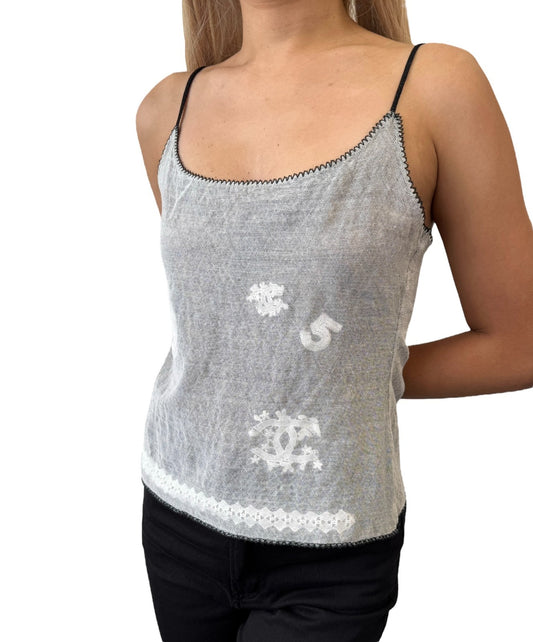 CHANEL Vintage 04P CC Logo No.5 Overlay Mesh Camisole Top #40 Gray Cotton Lace