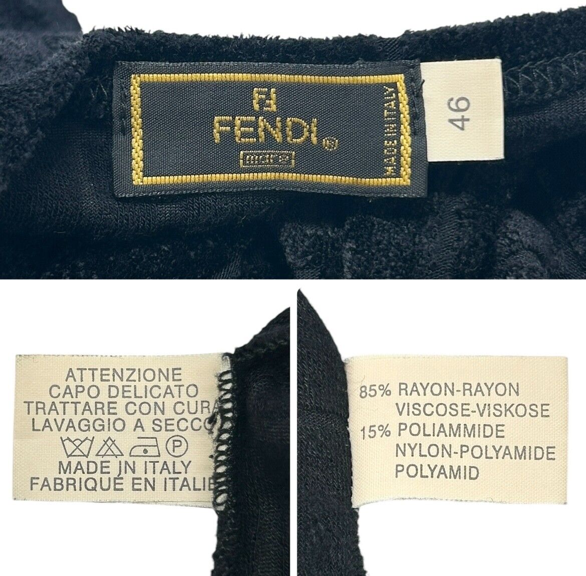 FENDI Vintage FF Logo Velour Short Sleeve Top #46 Black Rayon T-shirt