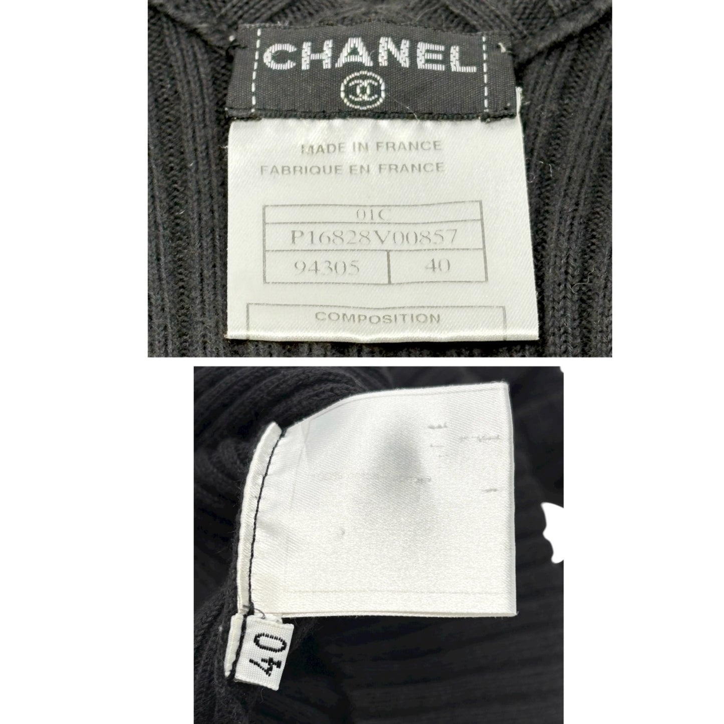 CHANEL Vintage 01C CC Mark Logo V-Neck knit Tank Top #40 Black Gold Cotton