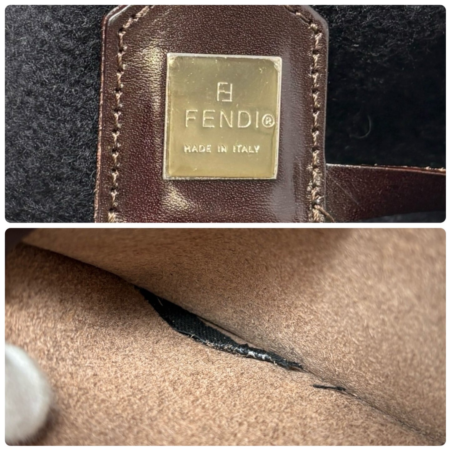 FENDI Vintage Zucca Monogram Knit Wool Tote Shoulder Bag Leather Pouch Brown