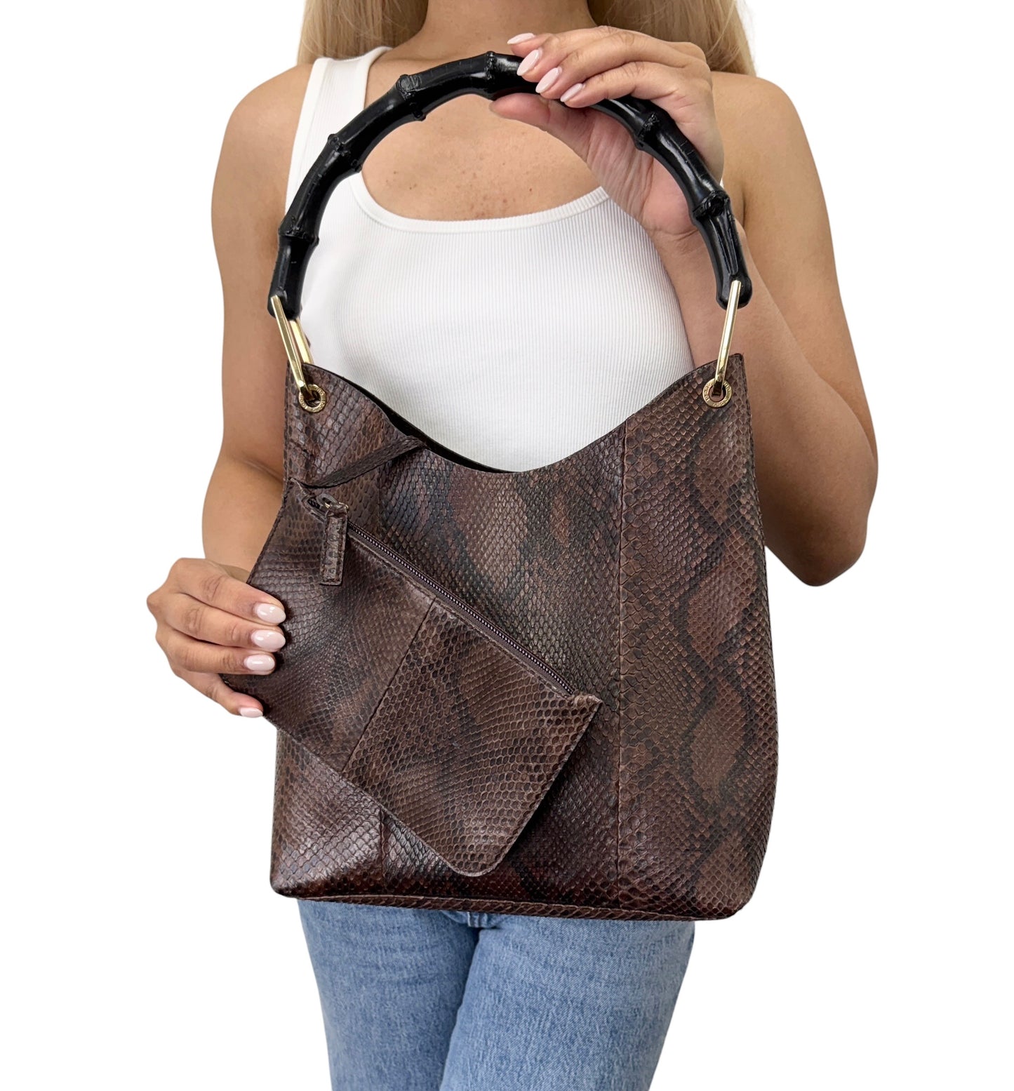 [Exclusive] GUCCI Vintage Bamboo Python Shoulder Bag Brown Black Leather 800105