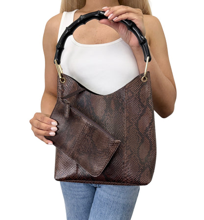 [Exclusive] GUCCI Vintage Bamboo Python Shoulder Bag Brown Black Leather 800105