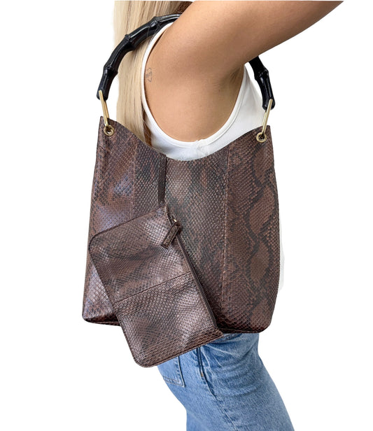 [Exclusive] GUCCI Vintage Bamboo Python Shoulder Bag Brown Black Leather 800105