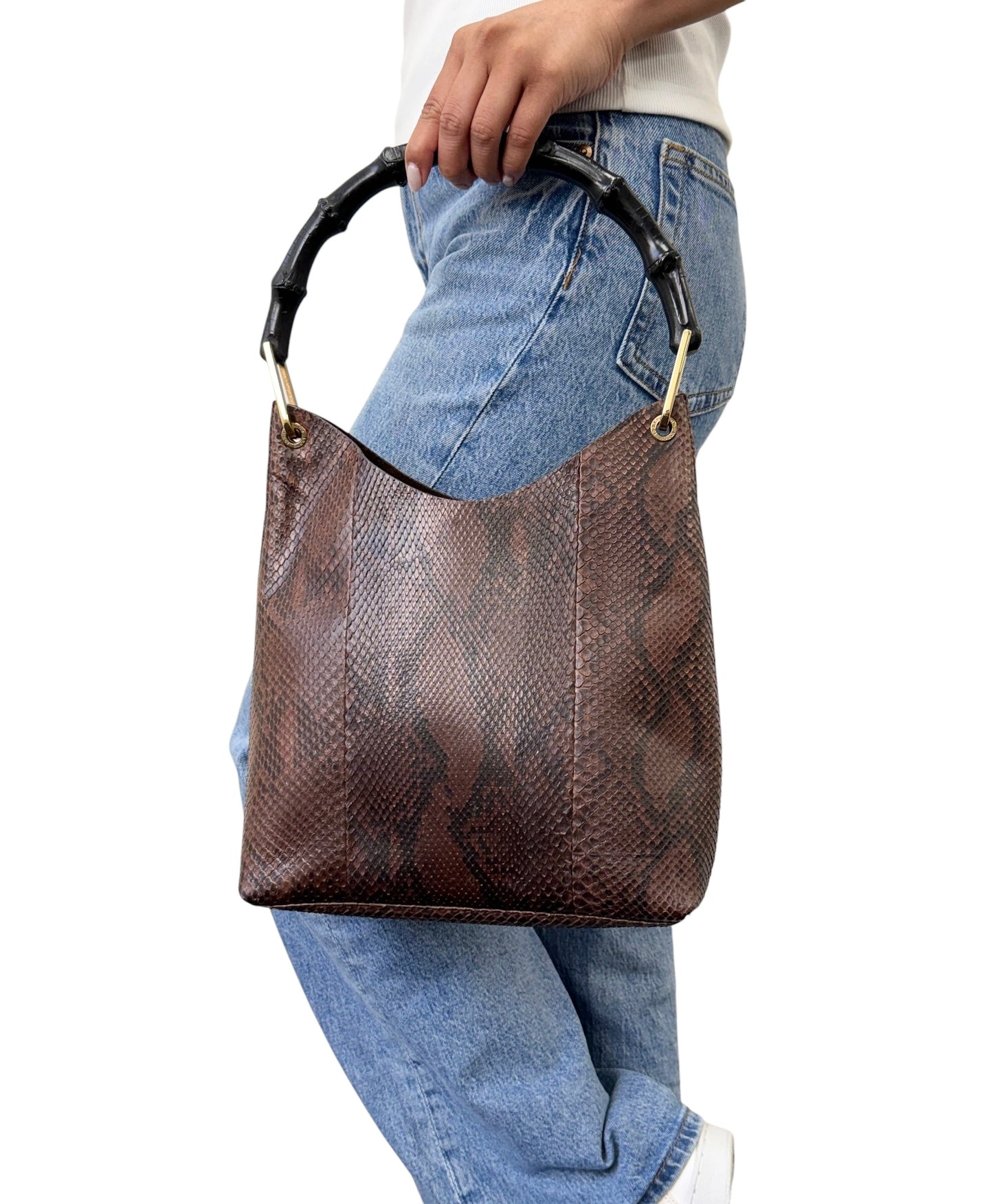 [Exclusive] GUCCI Vintage Bamboo Python Shoulder Bag Brown Black Leather 800105