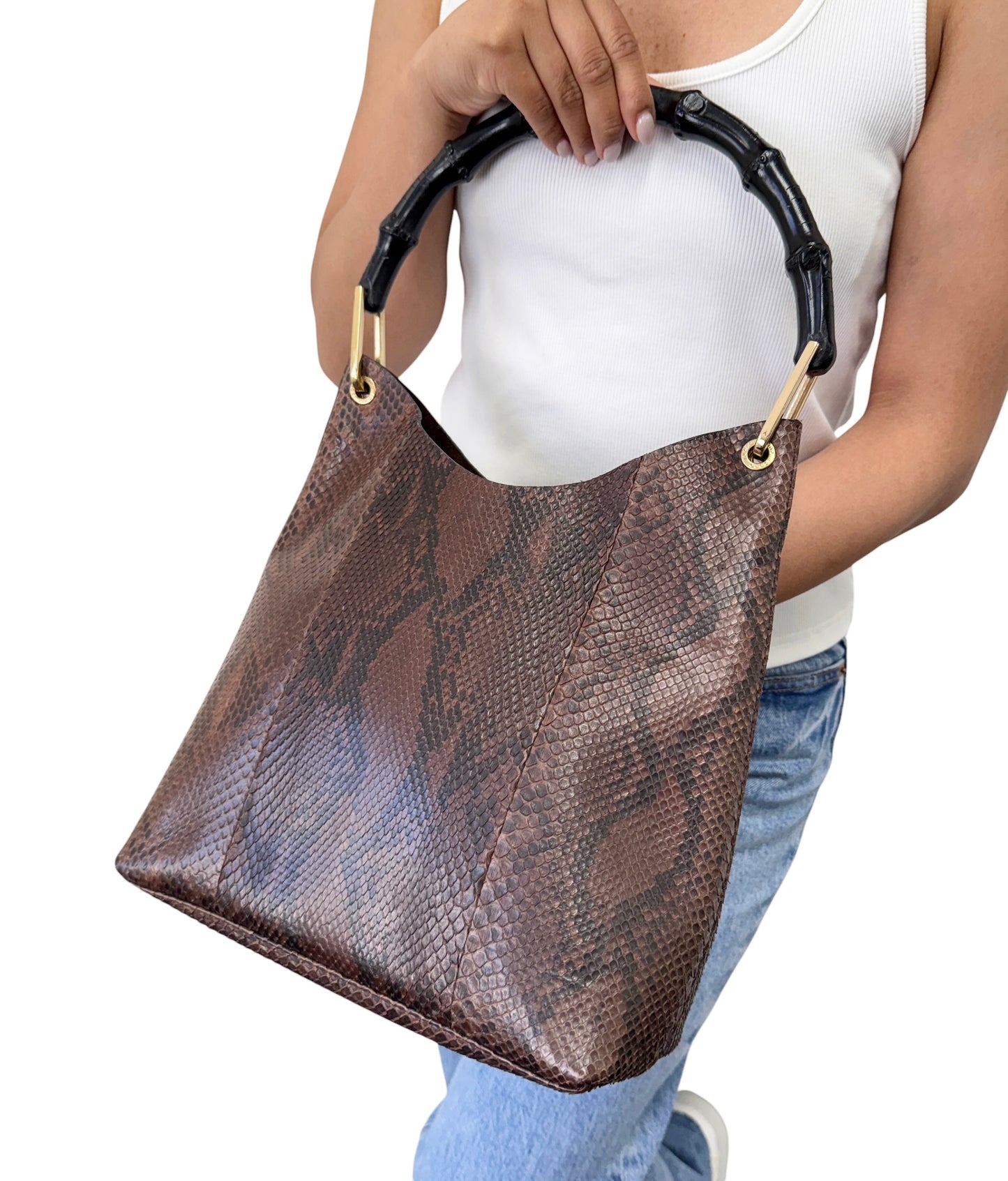 [Exclusive] GUCCI Vintage Bamboo Python Shoulder Bag Brown Black Leather 800105