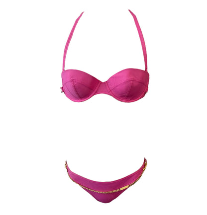 Christian Dior Vintage Logo Gold Chain Bikini Swimwear #36 Pink Nylon 901862