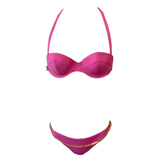 Christian Dior Vintage Logo Gold Chain Bikini Swimwear #36 Pink Nylon 901862