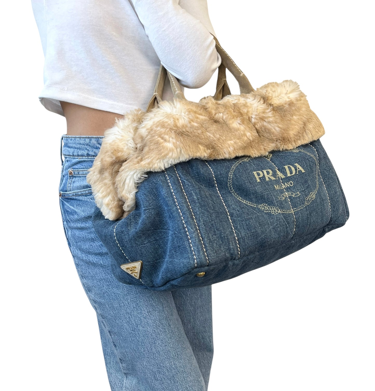 [Exclusive] PRADA Vintage Canapa Big Logo Denim Tote Bag Blue Cream 800295