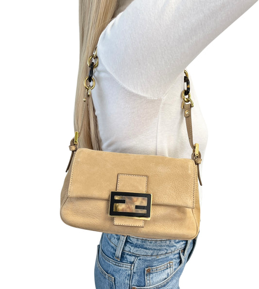 [Exclusive] FENDI Vintage FF Mamma Baguette Glitter Bag Leather Beige 800297