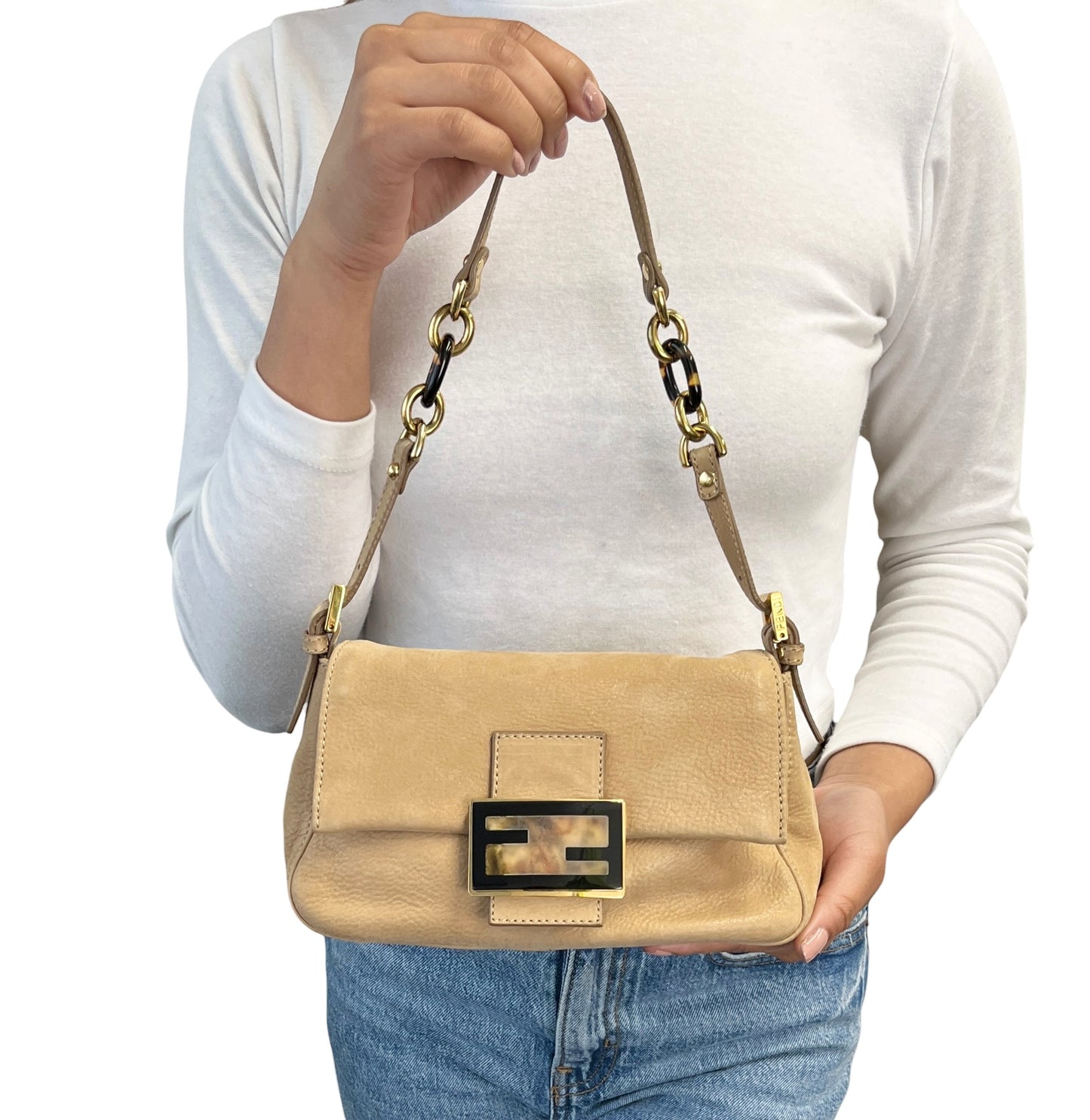 [Exclusive] FENDI Vintage FF Mamma Baguette Glitter Bag Leather Beige 800297
