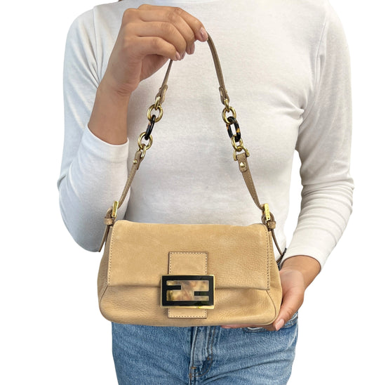 [Exclusive] FENDI Vintage FF Mamma Baguette Glitter Bag Leather Beige 800297