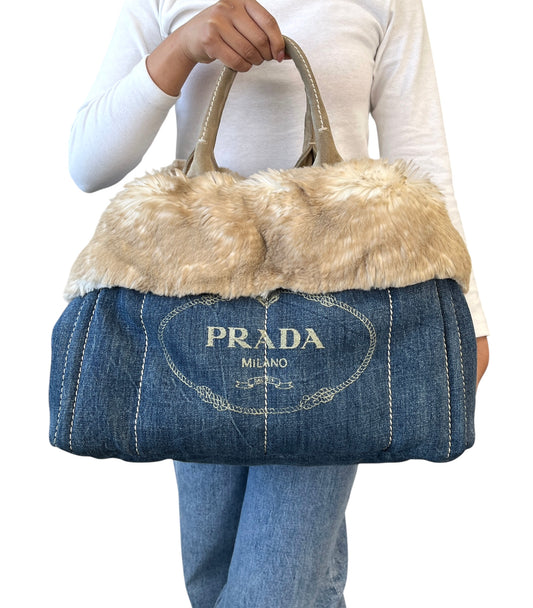 [Exclusive] PRADA Vintage Canapa Big Logo Denim Tote Bag Blue Cream 800295