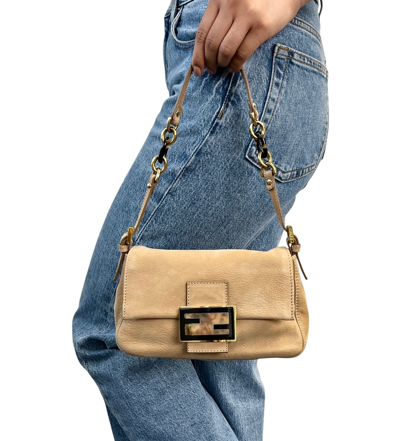 [Exclusive] FENDI Vintage FF Mamma Baguette Glitter Bag Leather Beige 800297