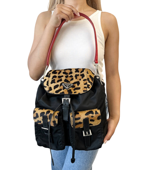 PRADA Vintage Leopard Calf Hair Shoulder Bag Black Nylon Leather Pony 800203