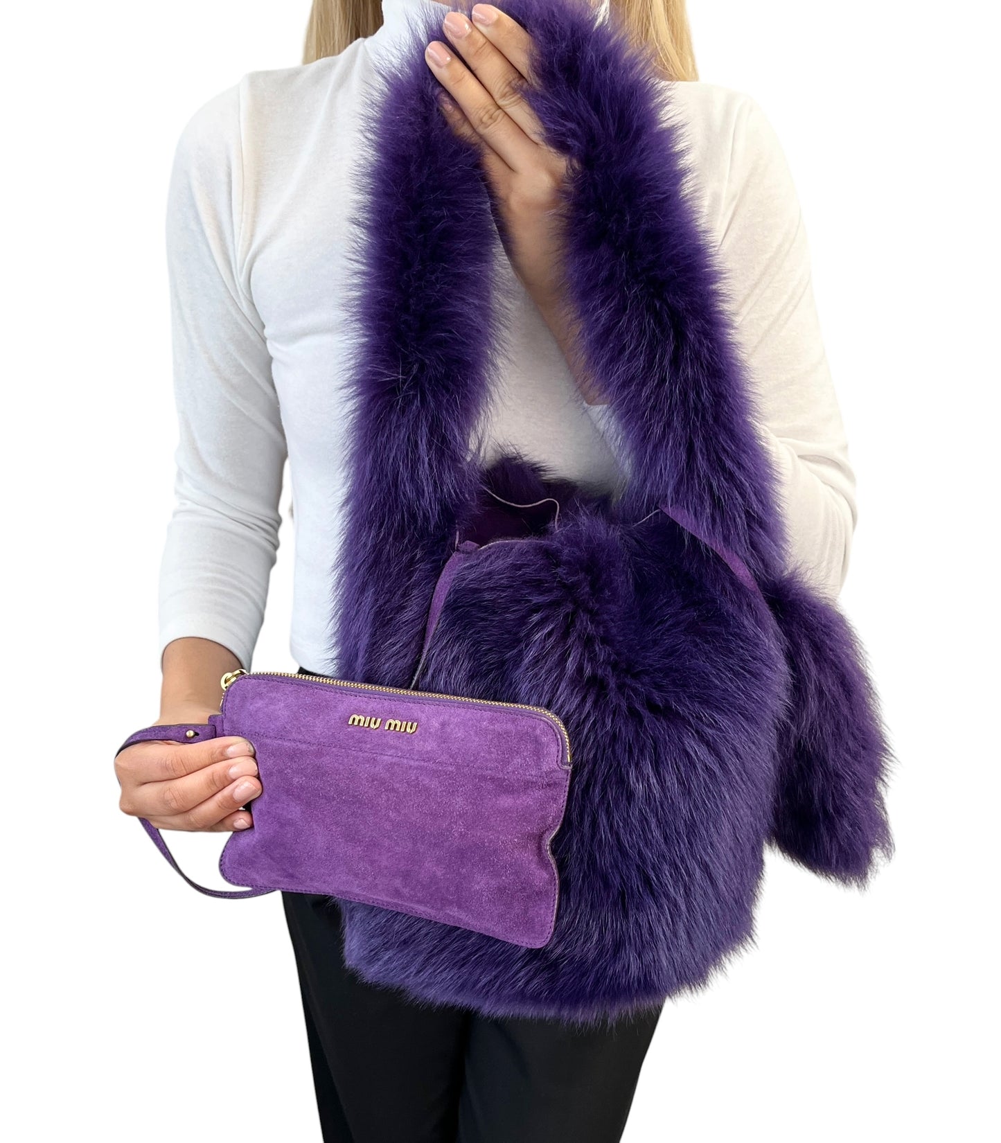[Exclusive] miu miu Vintage Fur Charm Bag Pouch Set Purple Gold Logo 800300