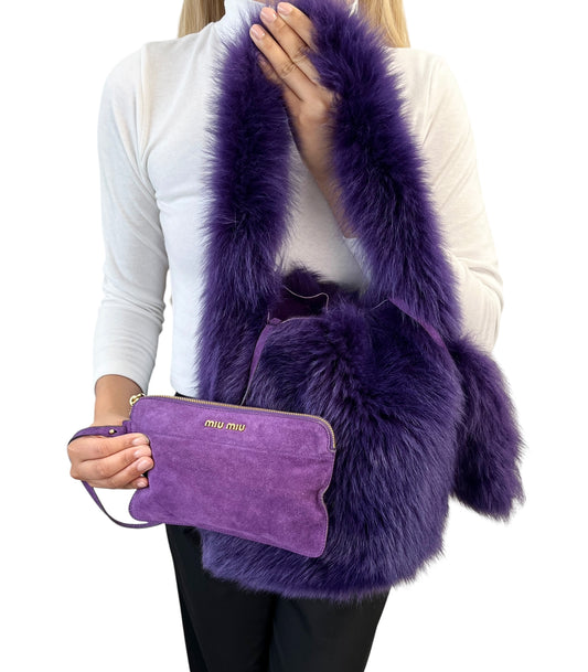 [Exclusive] miu miu Vintage Fur Charm Bag Pouch Set Purple Gold Logo 800300