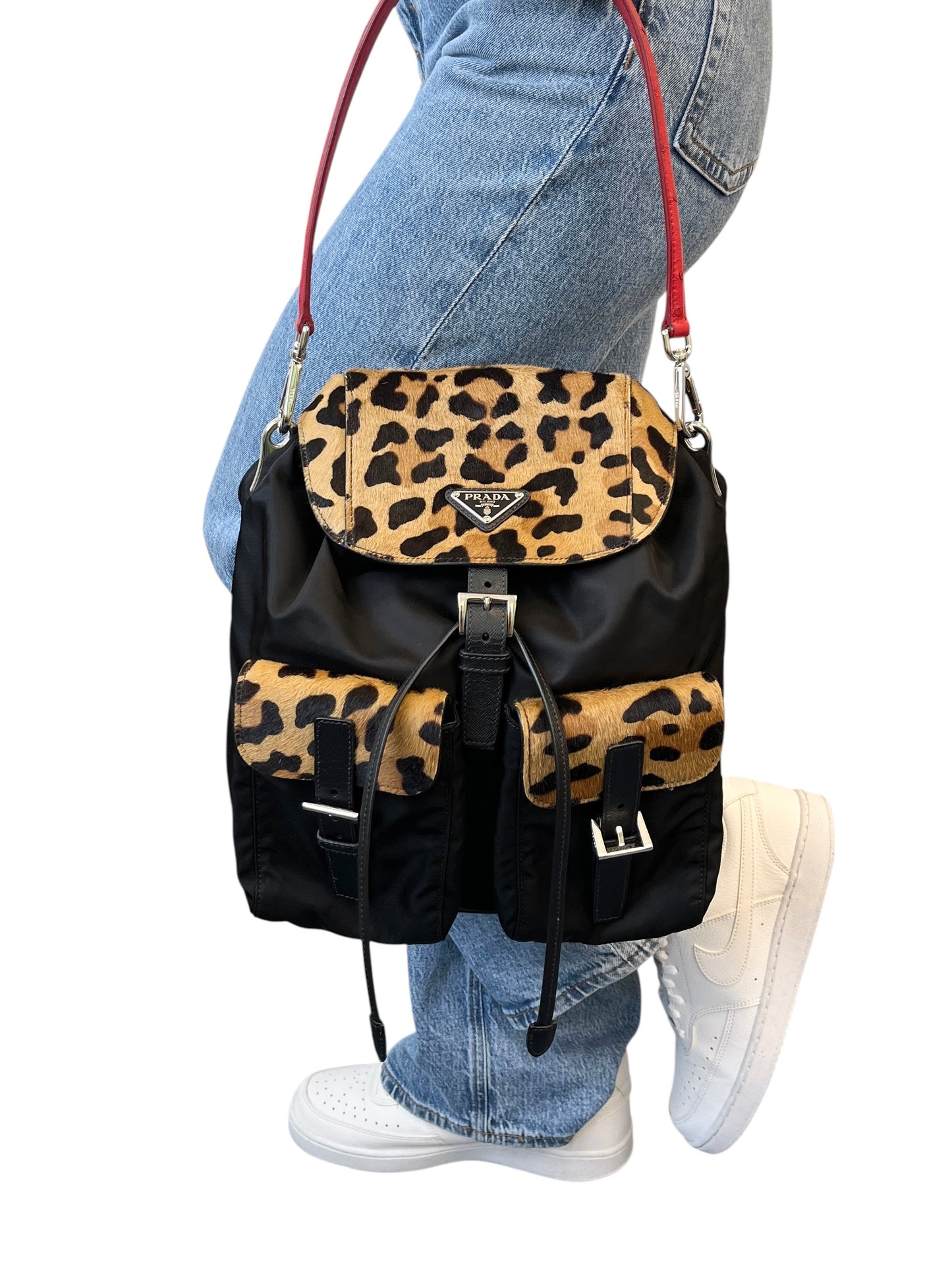 PRADA Vintage Leopard Calf Hair Shoulder Bag Black Nylon Leather Pony 800203