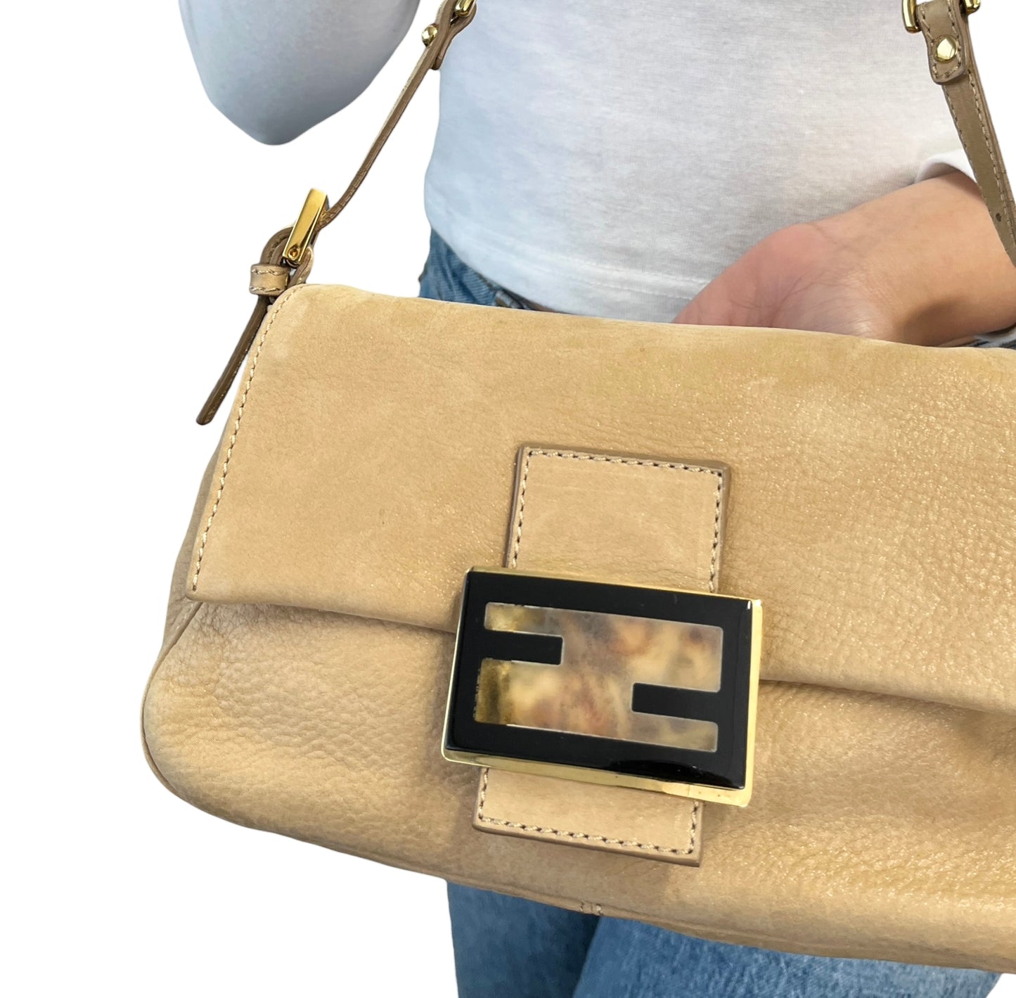 [Exclusive] FENDI Vintage FF Mamma Baguette Glitter Bag Leather Beige 800297