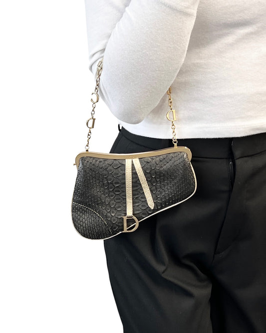 [Exclusive] Christian Dior Vintage Mini Saddle Chain Bag Black Gold 800294