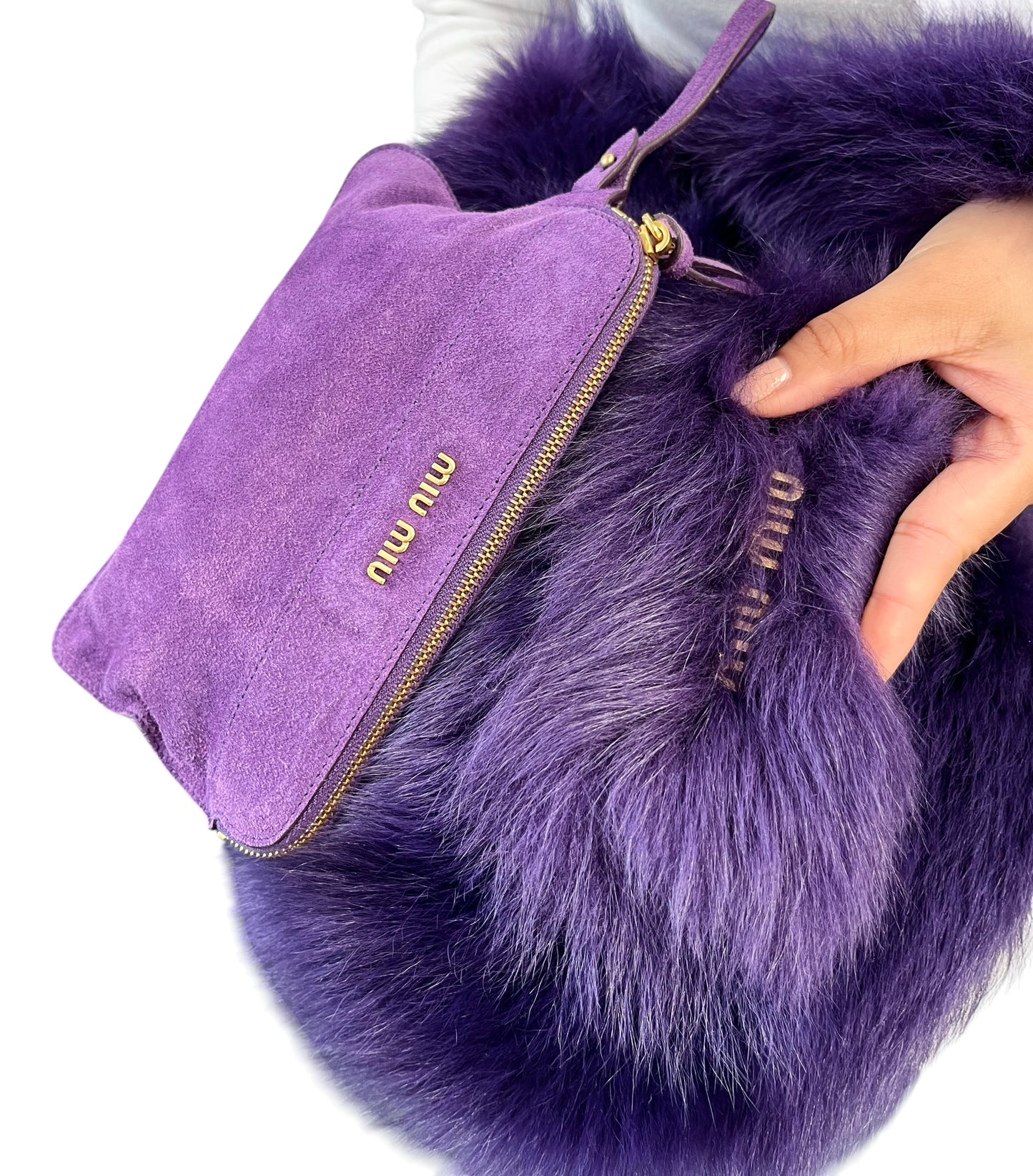 [Exclusive] miu miu Vintage Fur Charm Bag Pouch Set Purple Gold Logo 800300