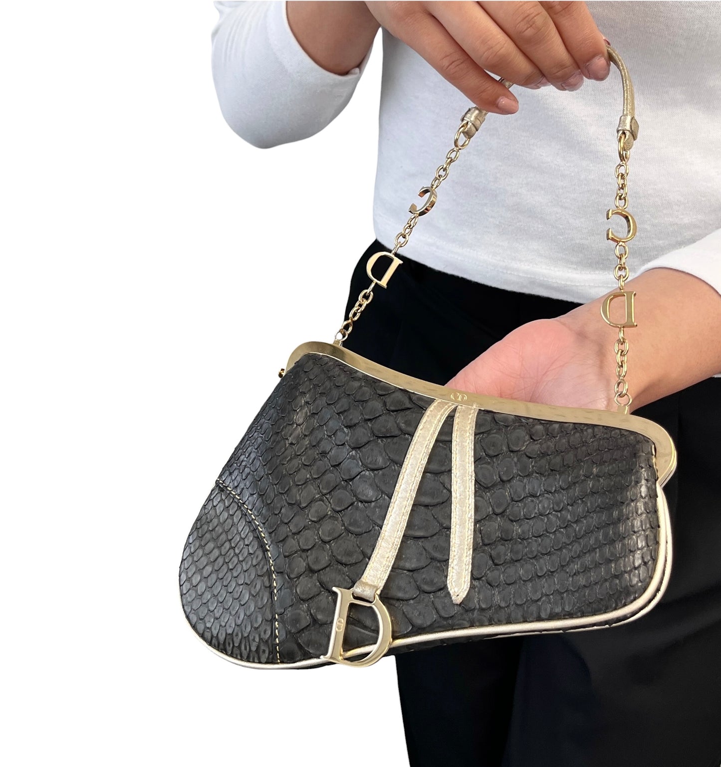[Exclusive] Christian Dior Vintage Mini Saddle Chain Bag Black Gold 800294