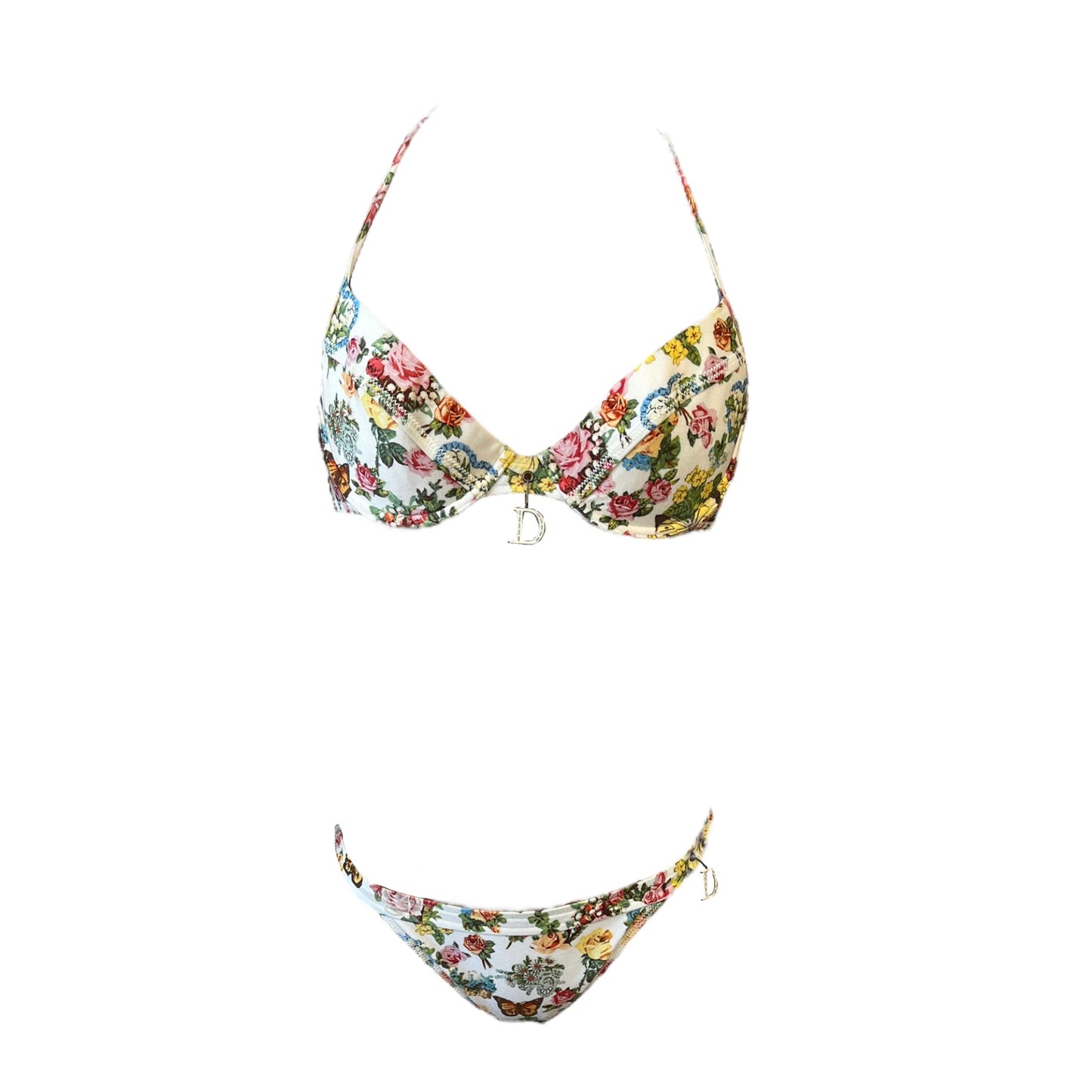 Christian Dior Vintage D-Charm Flower Bikini Swimwear Multicolor White 106951