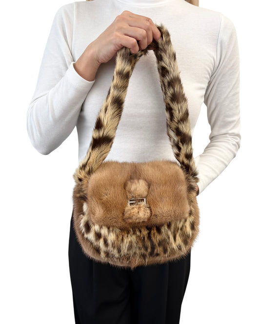 [Exclusive] FENDI Vintage FF Logo Leopard Fur Shoulder Bag Baguette Brown Leather 800002