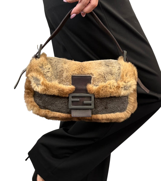 [Exclusive] FENDI Vintage FF Logo Mamma Baguette Fur Shoulder Bag Brown Leather 800101