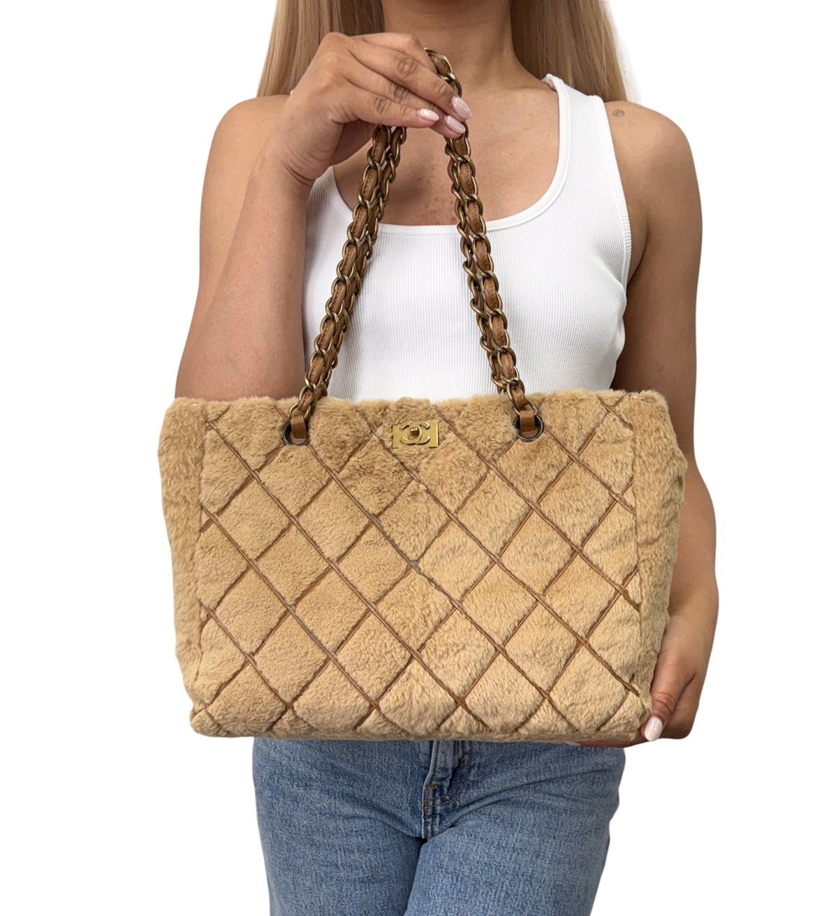 CHANEL Vintage CC Logo Fur Chain Shoulder Bag Beige Brown Leather 800811