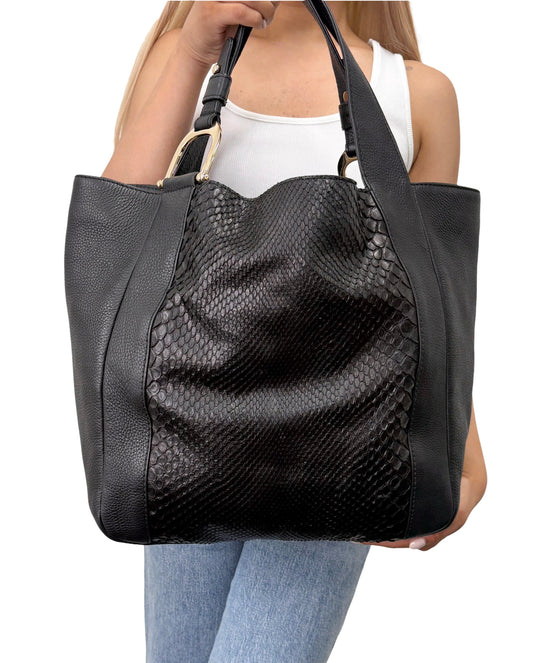 [Exclusive] GUCCI Vintage Greenwich Python Tote Shoulder Bag Black Gold Leather 800106