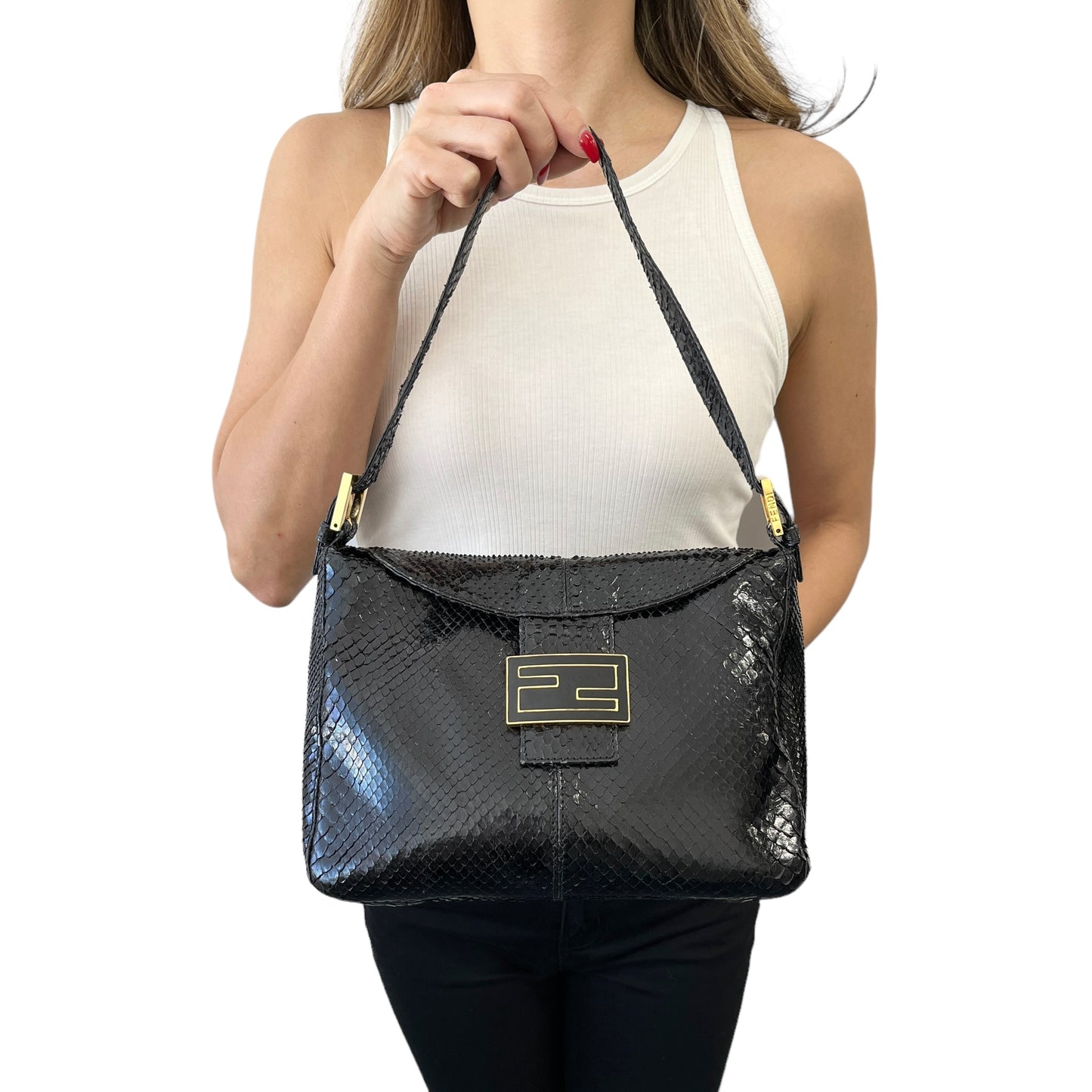 [Exclusive] FENDI Vintage FF Mamma Baguette Leather Shoulder Bag Black 800899