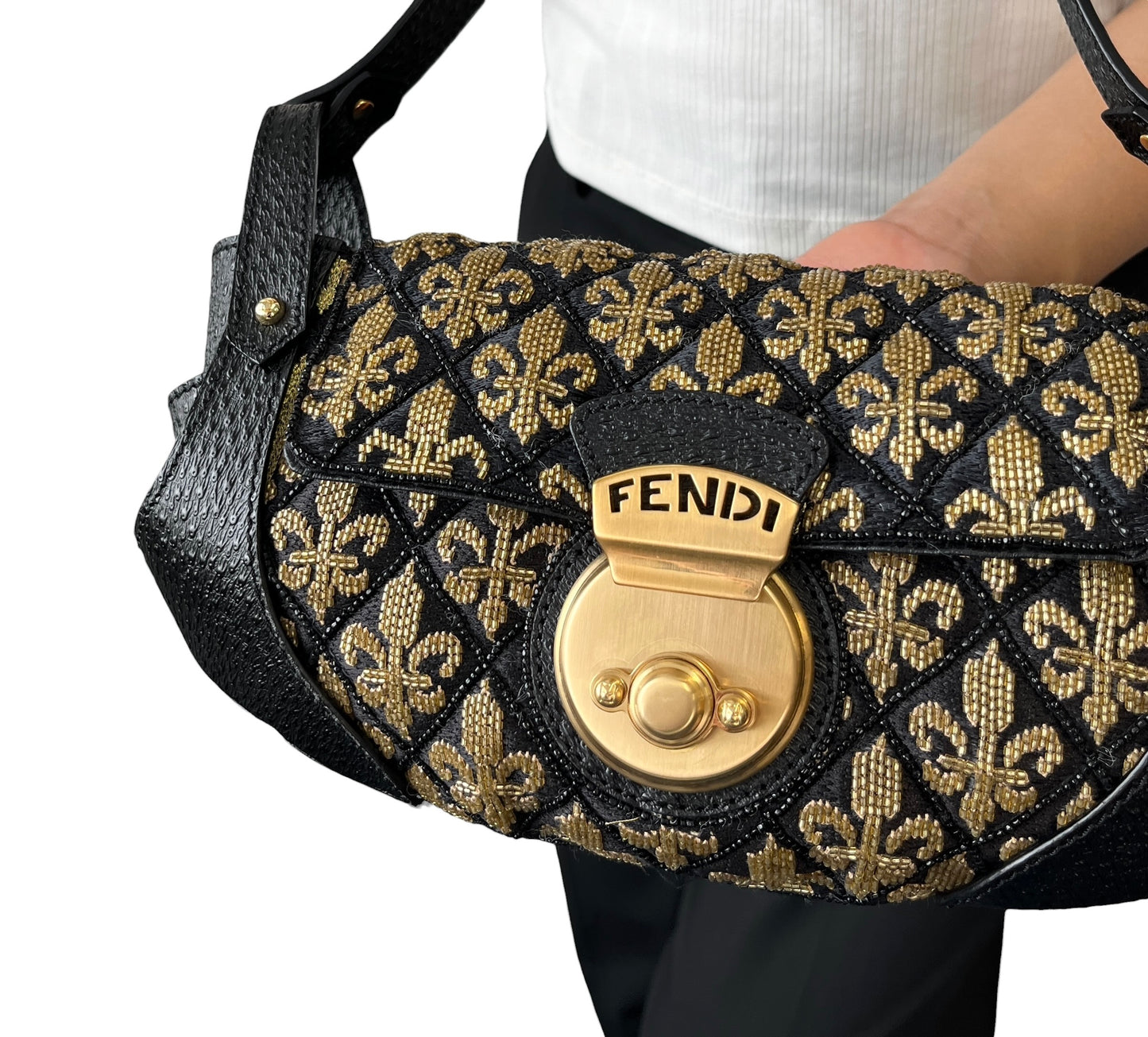 【Exclusive】FENDI Vintage FF Logo Jacquard Embroidered Shoulder Bag Black 800809