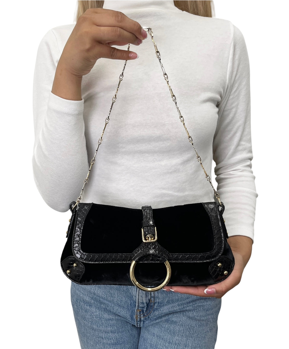 [Exclusive] DOLCE&GABBANA Vintage Velvet Python Ring Shoulder Bag Black 800224