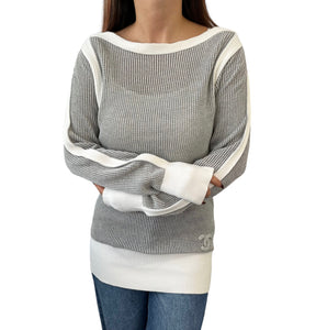 CHANEL Vintage P48062 Coco Mark Logo Mesh Sweater Top #38 Cotton Gray RankAB+