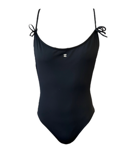 CHANEL Vintage CC Mark Logo Swimsuit #38 One-piece Ribbon Black Nylon Rank AB